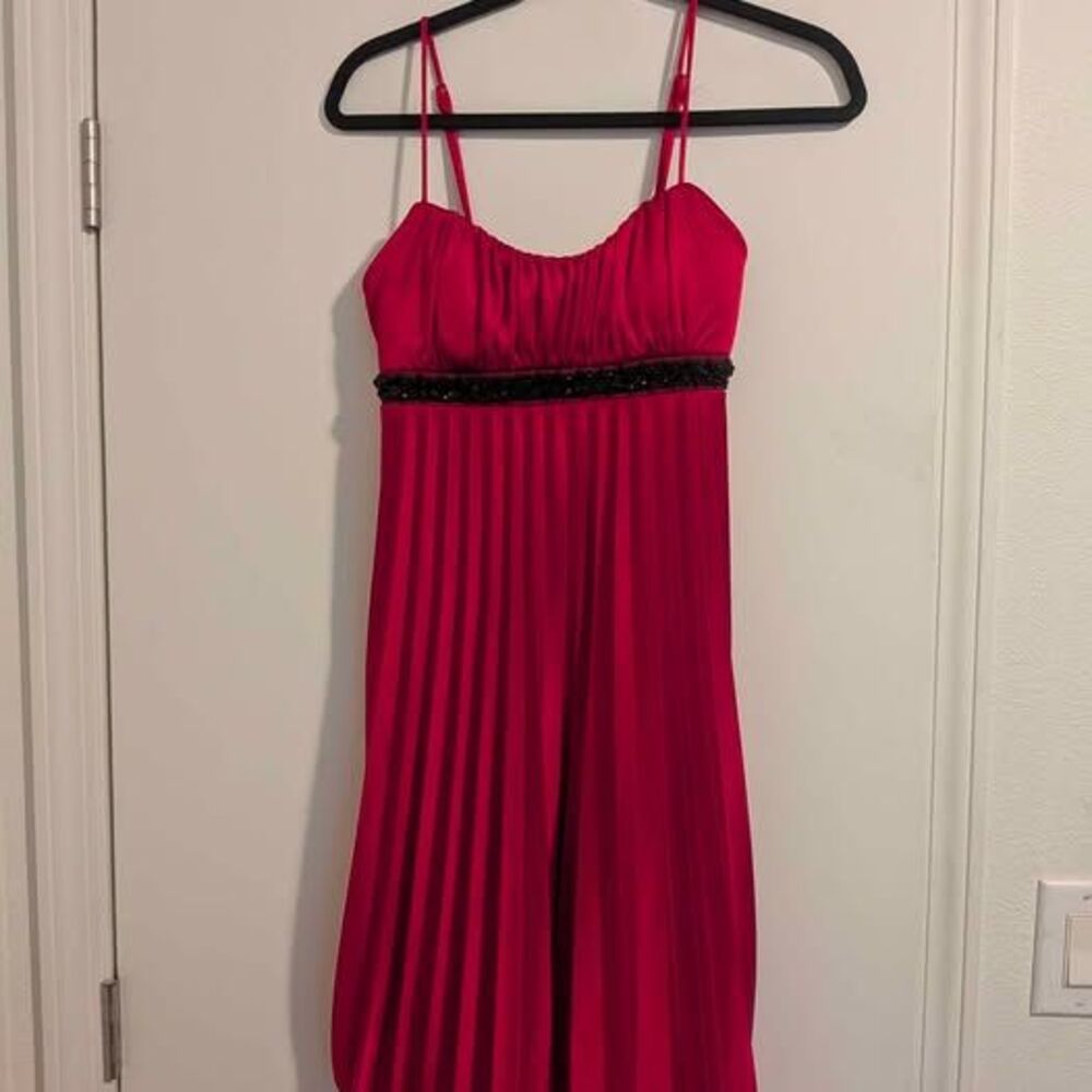 Magenta Pleated Empire Waist Cocktail Dress with Beaded Trim
